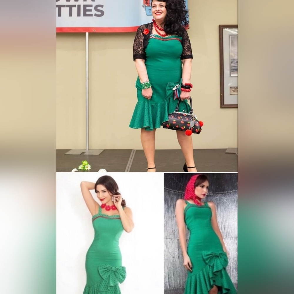 Tatyana Green Midi Dress with Red Accents